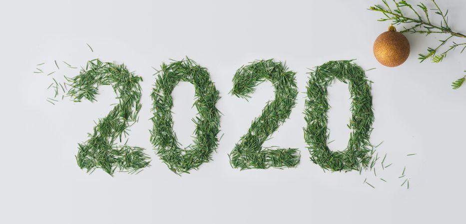 “2020” in pine needles on light background with bauble