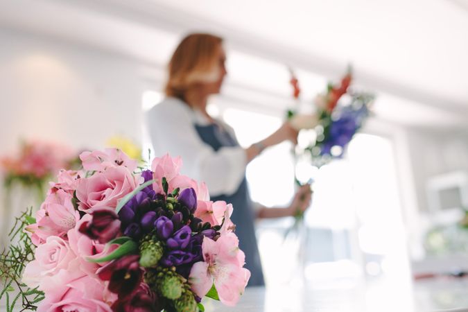 Focus on fresh flower bouquet at florist shop