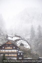 Alpine village on a snowing day, vertical 0LWzEb