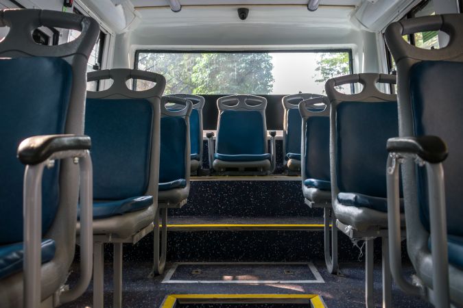 Backseat and interior of the iconic B.E.S.T. bus in Mumbai, India