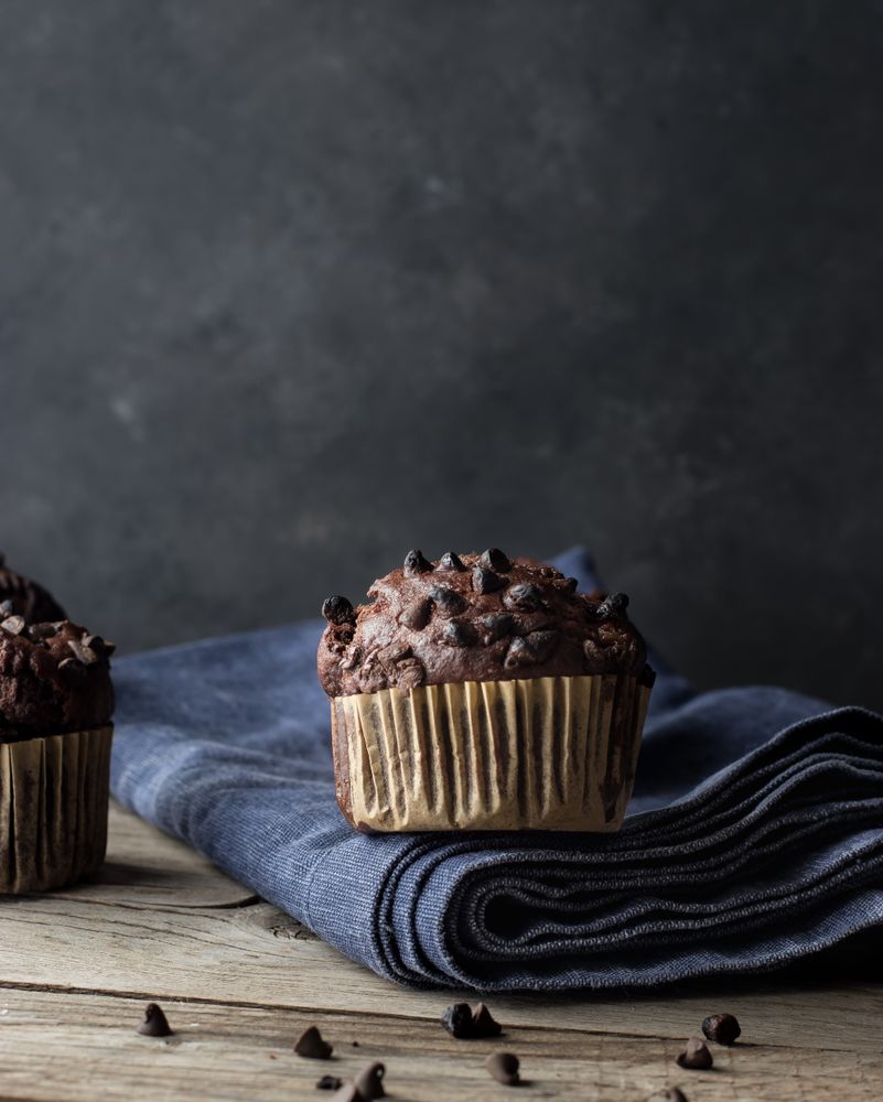 Chocolate banana muffin on towel