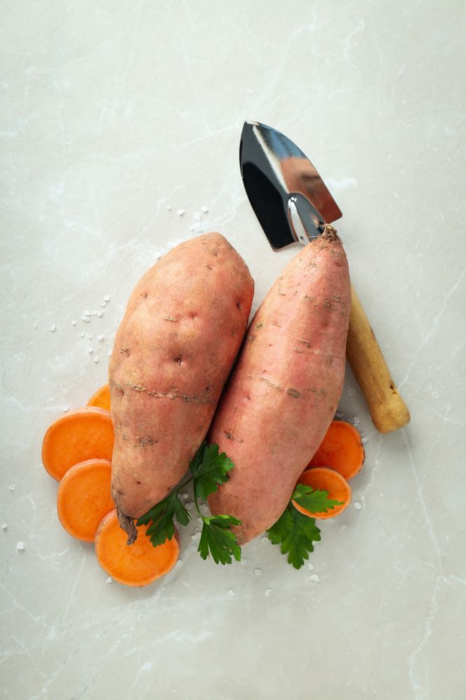 Concept of vegetables, sweet potato, top view