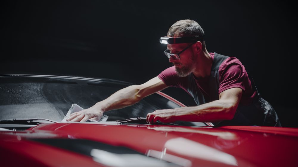 Automotive Detailer Polishing a Car Windshield with a Microfiber Towel.