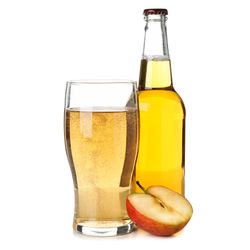 Apple, glass and bottle with cider isolated on blank background