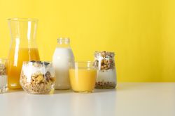 Tasty and nutritious breakfast concept - muesli with yogurt