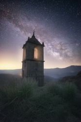 Ancient building under night starry sky