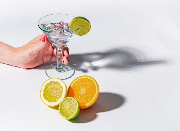 Cocktail glass with ice cubes and sliced citrus