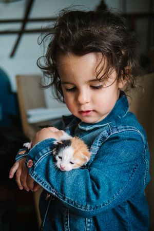 Cute little girl holding tenderly kitten