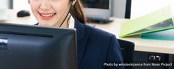 Close up banner of woman working in business call center 4AdQ85