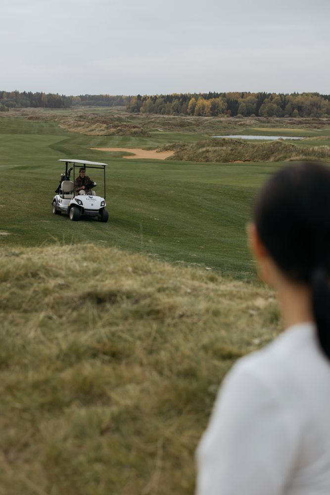 Back view of person standing in golf court with car nearby