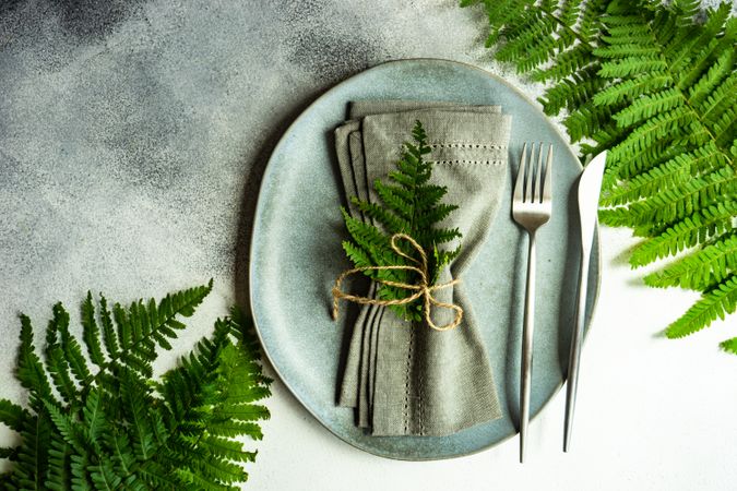 Top view of elegant summer table setting with fern