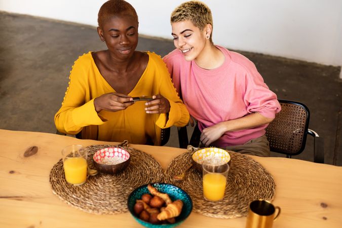 Two women having breakfast together at home