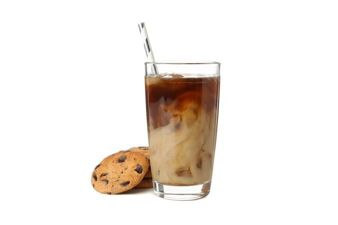 Glass of ice coffee isolated on plain background