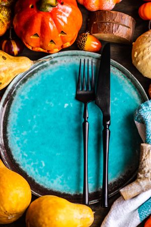 Top view of teal plate surrounded by decorative squash