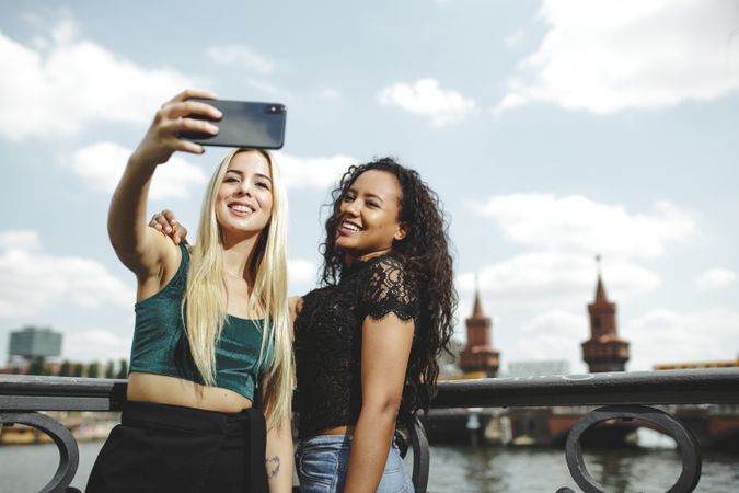 Friends taking selfie on sunny day