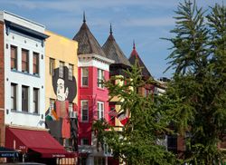 Colorful facades of restaurants and bars in Adams Morgan area of Washington, D.C.