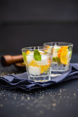 Side view of gin and tonic cocktail with citrus and mint