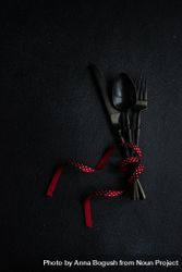 Dark cutlery on dark background tied with dotted red ribbon bGdnX0