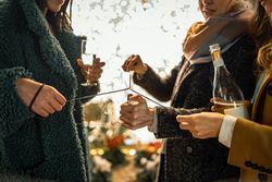 Close up of friends toasting with champagne and a sparkler at a Christmas party.