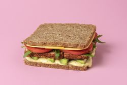Vegan sandwich isolated on pink background