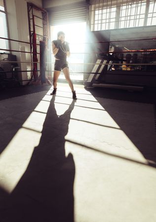 Female boxer training working out in a boxing ring
