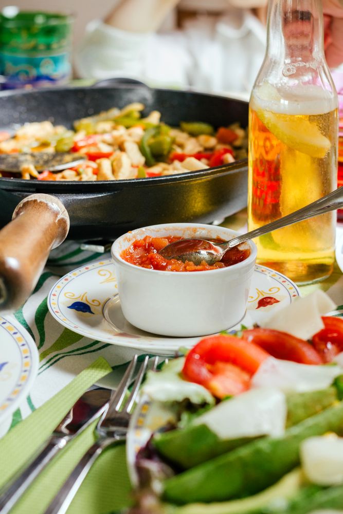 Pan with mexican food on a table