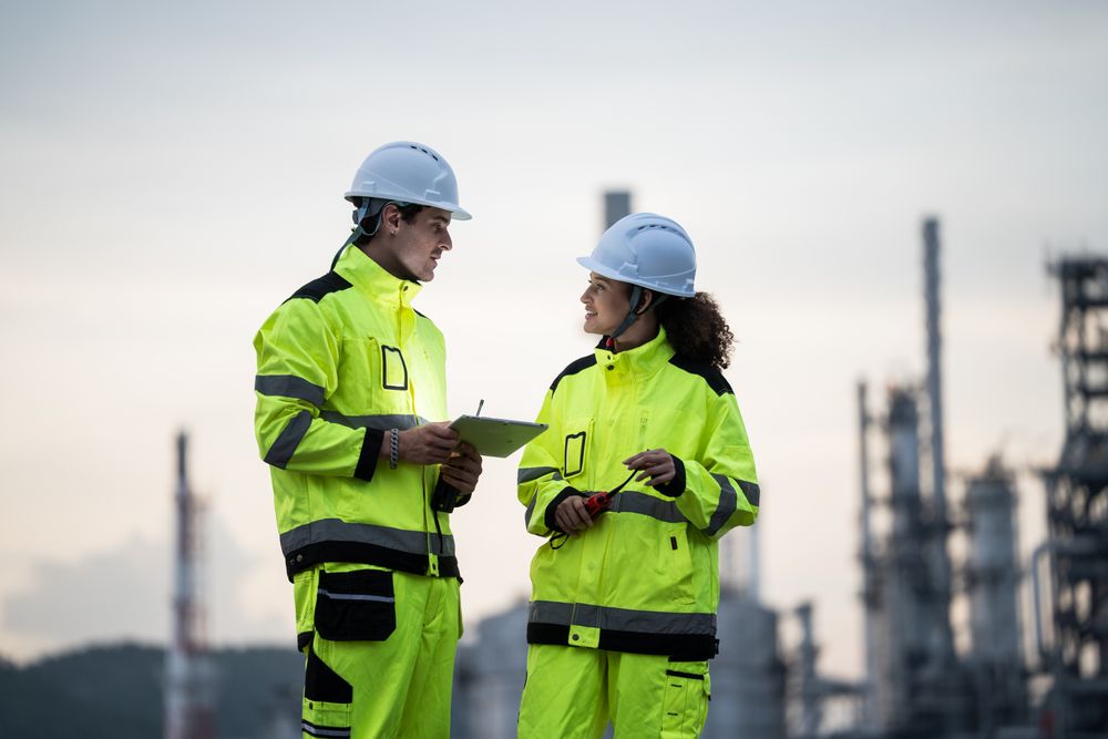 Engineer worker watching work monitor on digital tablet at refinery factory at night
