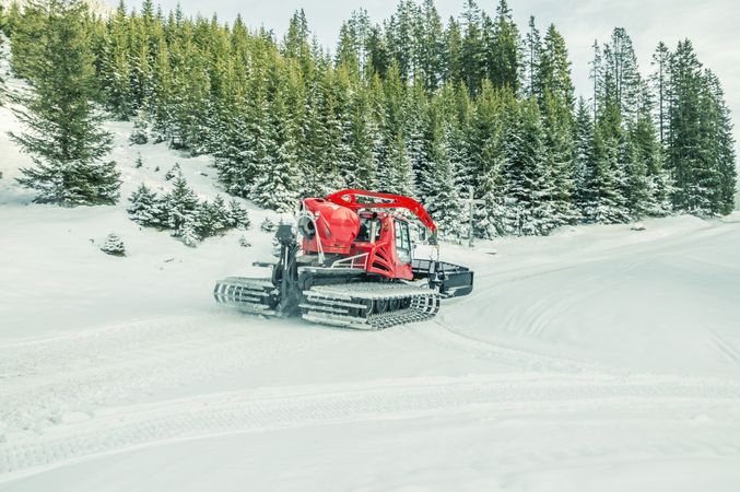Red snow groomer in forest