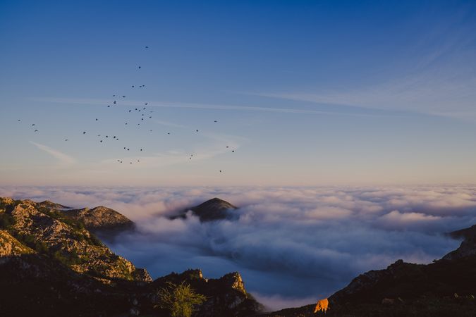 Wonderful view of blue sky above thick clouds in valley from mountain