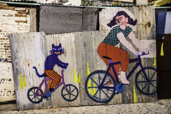 Funny wall with cat and woman on bike