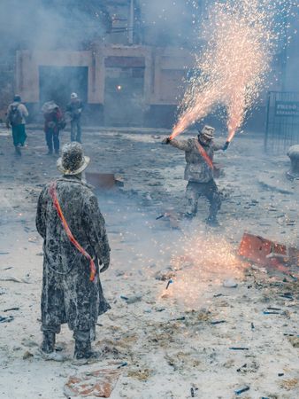 Ibi, Spain - December, 28 2018: People celebrating victory in flour and eggs battle