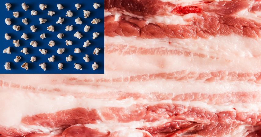 Flag of USA made of bacon meat texture and popcorn
