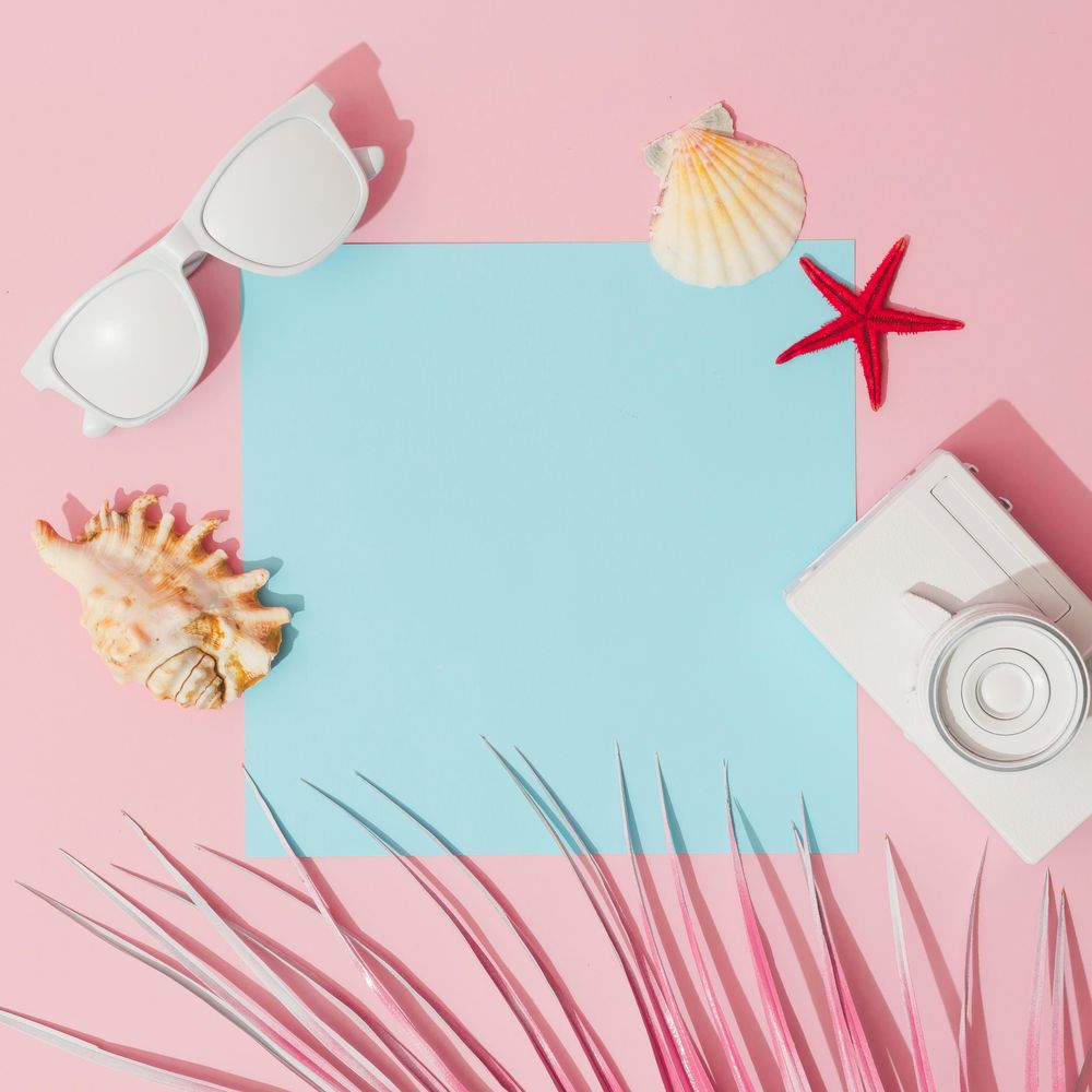 Beach accessories and palm leaves on pastel pink and blue background