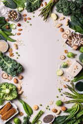 Healthy vegan, plant based protein source and body building food with copy space