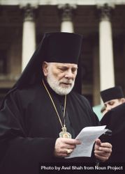 London, England, United Kingdom - March 5 2022: Orthodox priest speaking at anti-war protest 0yngG5