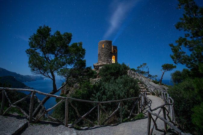 Castle on cliff at night