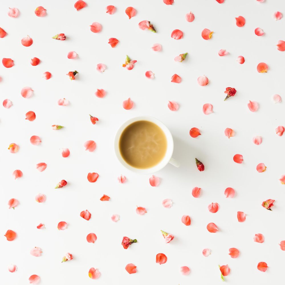 Colorful bright floral pattern with coffee or tea cup