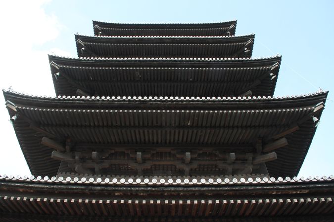 Seiryoji temple's pagoda in close-up in Kyoto, Japan