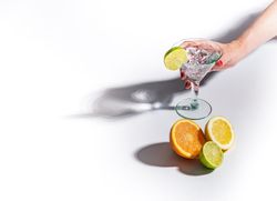Cocktail glass with ice cubes and sliced citrus