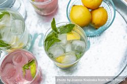 Summer drinks closeup- water with ice lemon and mint bxAdKv
