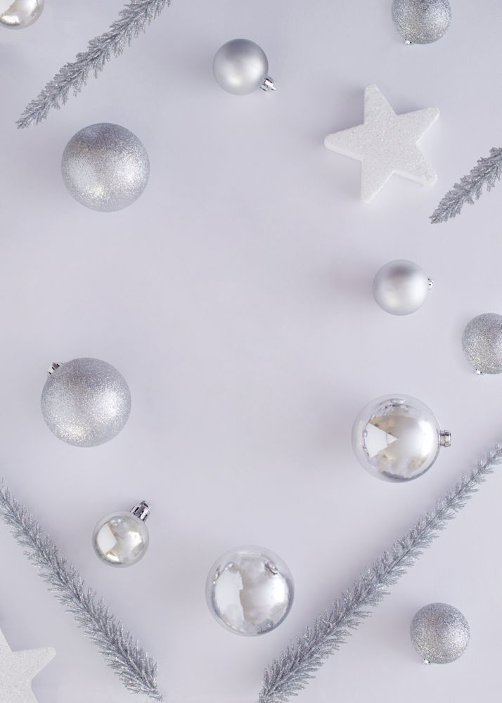 Top view of silvery Christmas decorations, copy space