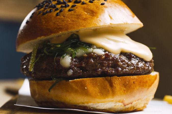 Juicy delicious burger and fried potato on table