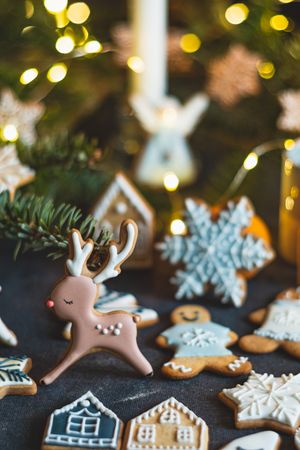 Close-up of cute gingerbread reindeer cookie