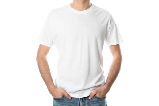 Men in blank t-shirt isolated on plain background, space for text