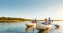 Two couples enjoying a canoeing trip