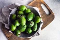 Top view of organic fruit feijoa in bowl