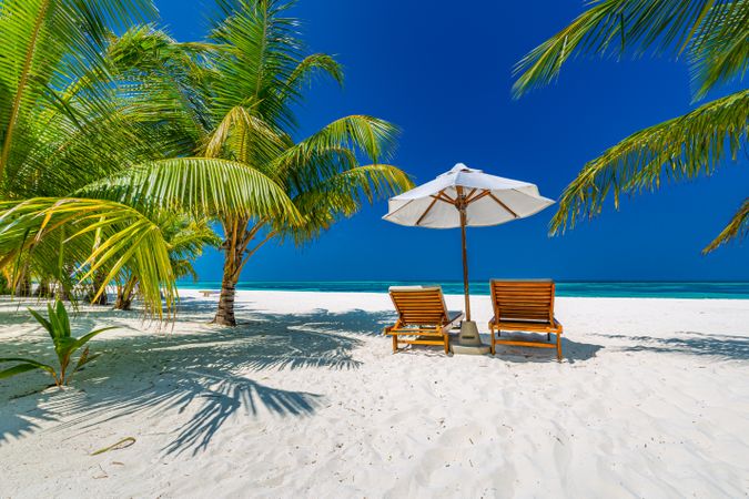 Lounge chairs and parasol on a tropical beach