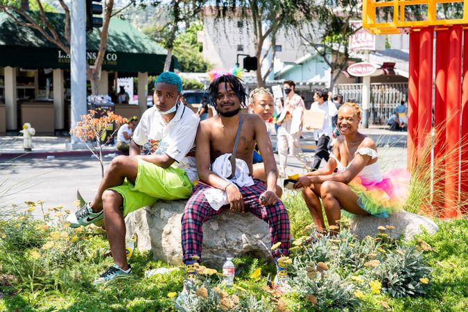 Los Angeles, CA, USA — June 14th, 2020: people sitting on median at protest rally