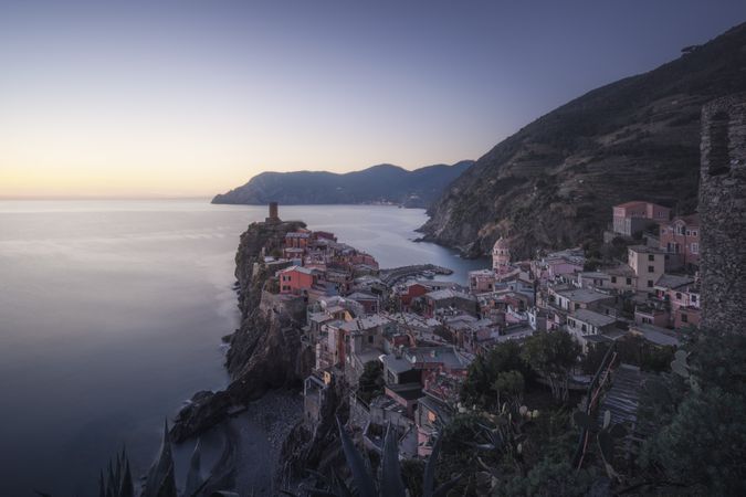 Blue hour over Vernazza village, view after sunset, Cinque Terre, Liguria, Italy