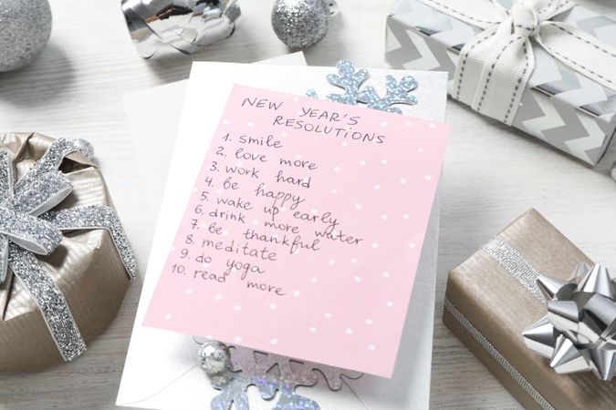 Concept of New Year Resolutions list, new year goals, close up